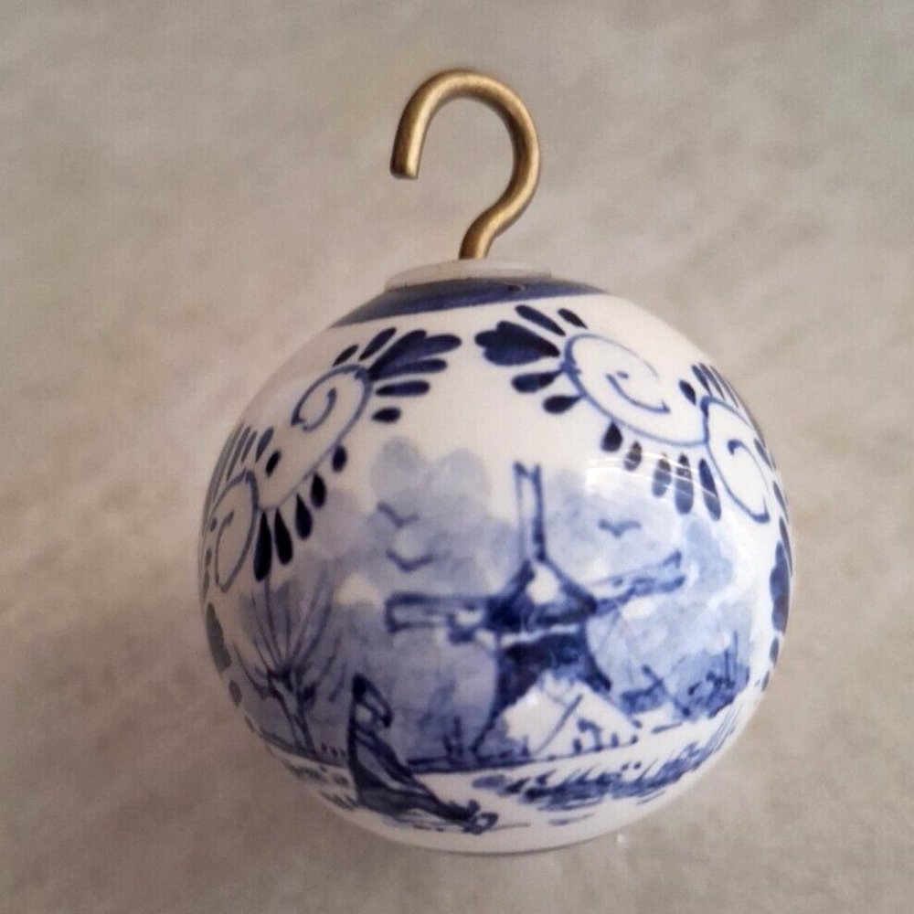 Delft Holland Windmill Handpainted 2" Ball Ornament Signed